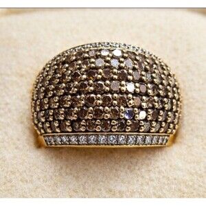 14K Yellow Gold Champagne Diamond Cocktail Ring Pave Set Dome Statement Jewelry